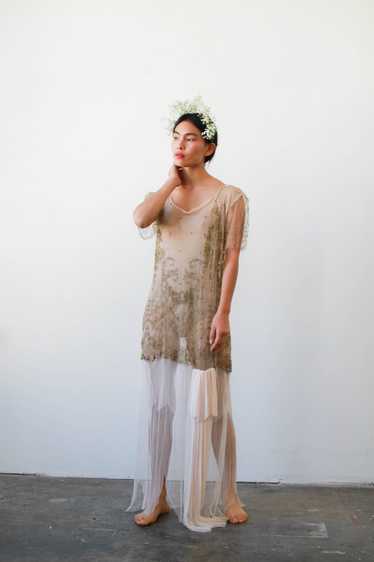 1920s Sheer Layered Net Lace Nude Dress - image 1