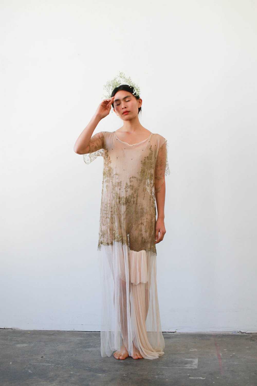 1920s Sheer Layered Net Lace Nude Dress - image 2