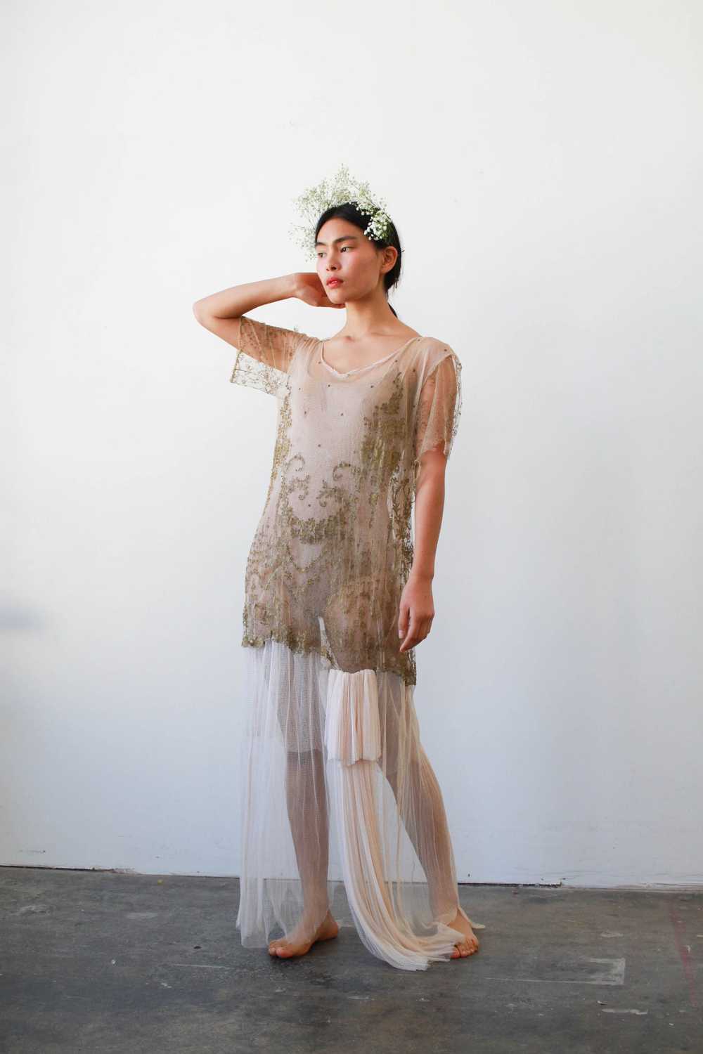 1920s Sheer Layered Net Lace Nude Dress - image 3