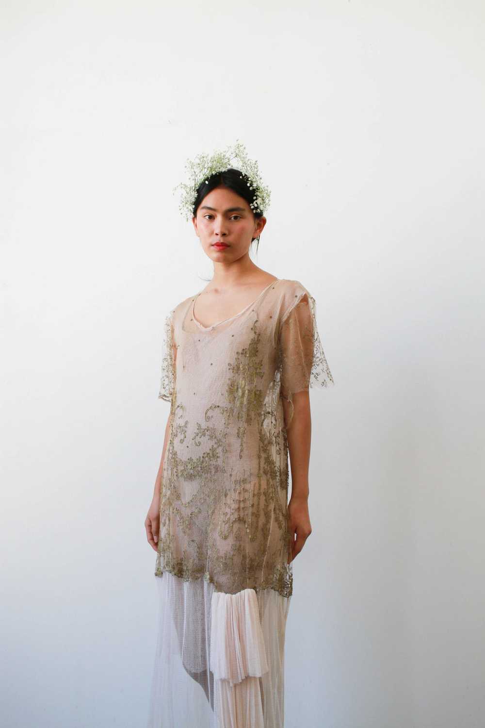 1920s Sheer Layered Net Lace Nude Dress - image 4