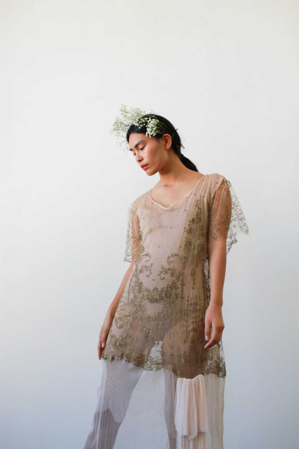 1920s Sheer Layered Net Lace Nude Dress - image 5