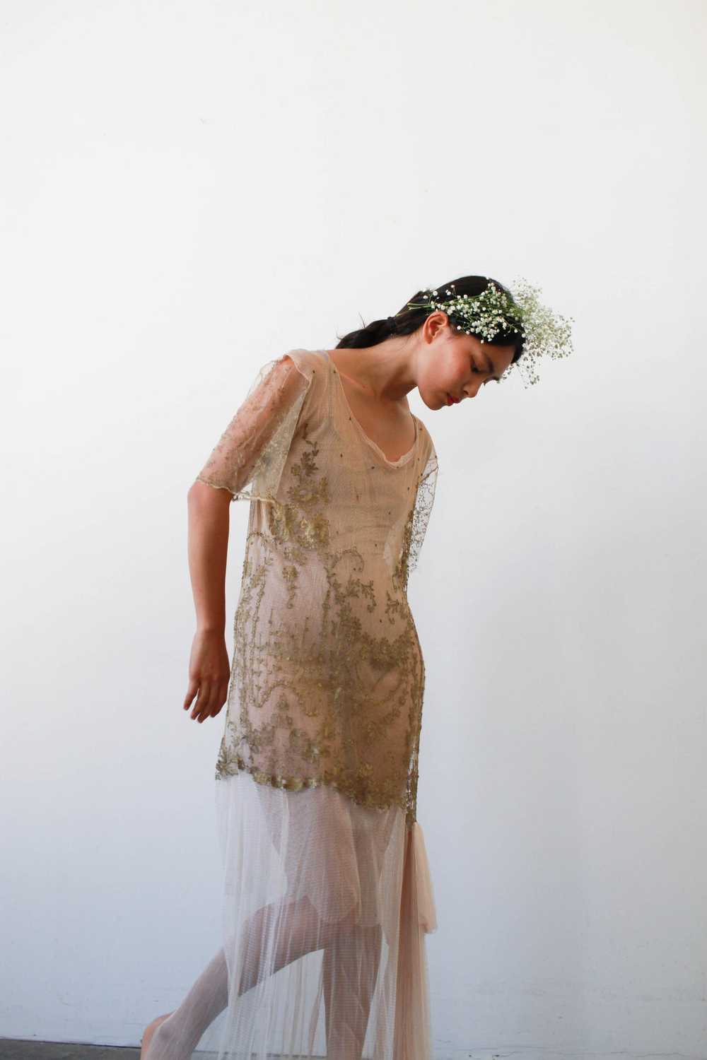 1920s Sheer Layered Net Lace Nude Dress - image 6