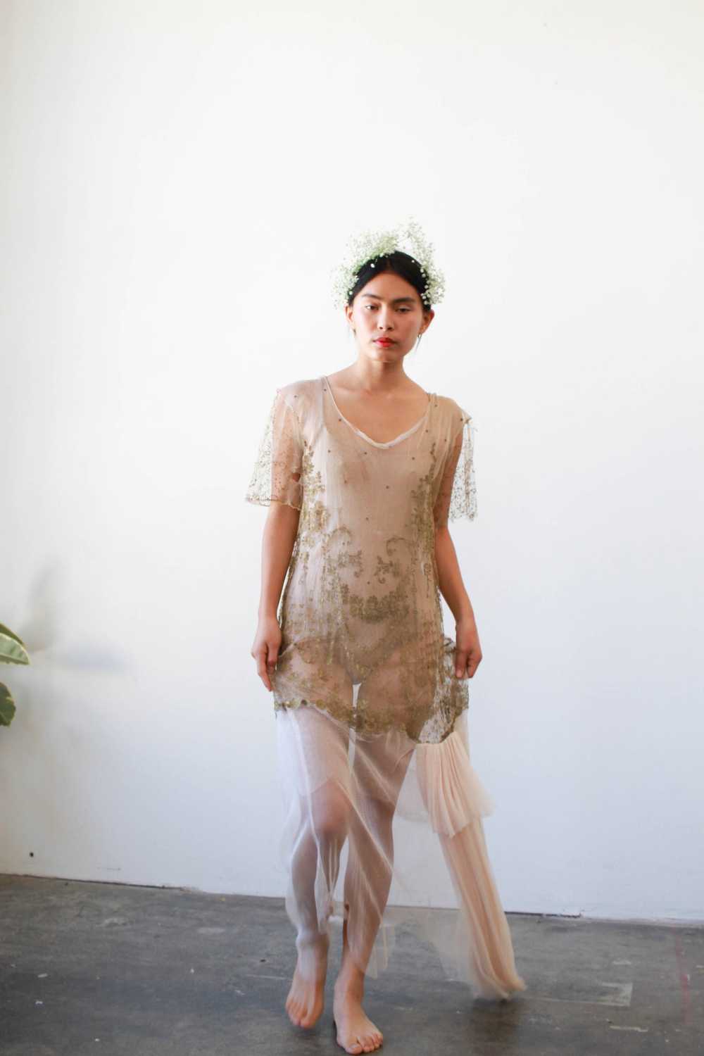 1920s Sheer Layered Net Lace Nude Dress - image 7
