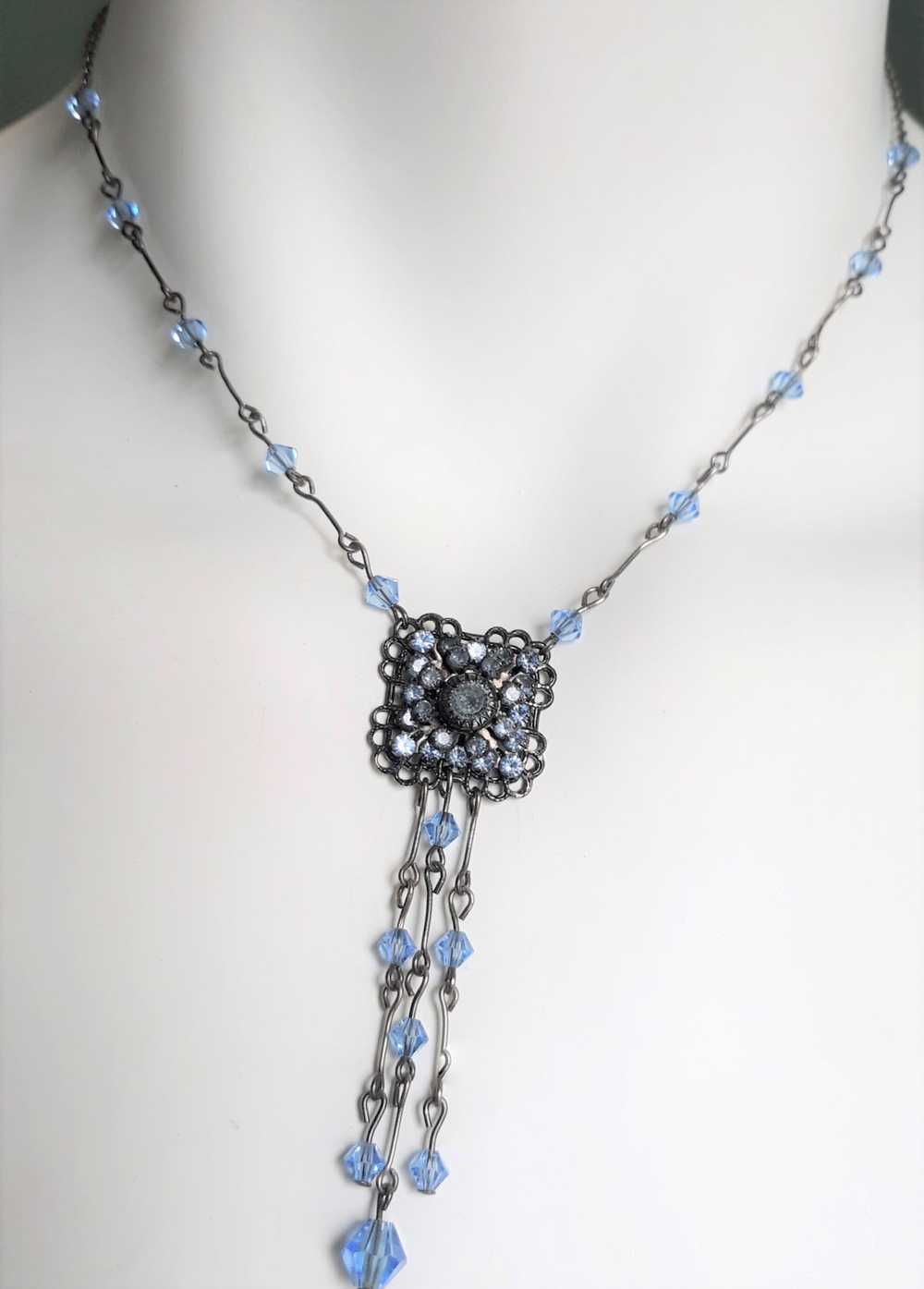 Blue and Antique Silvertone Dangle Necklace, Vict… - image 1