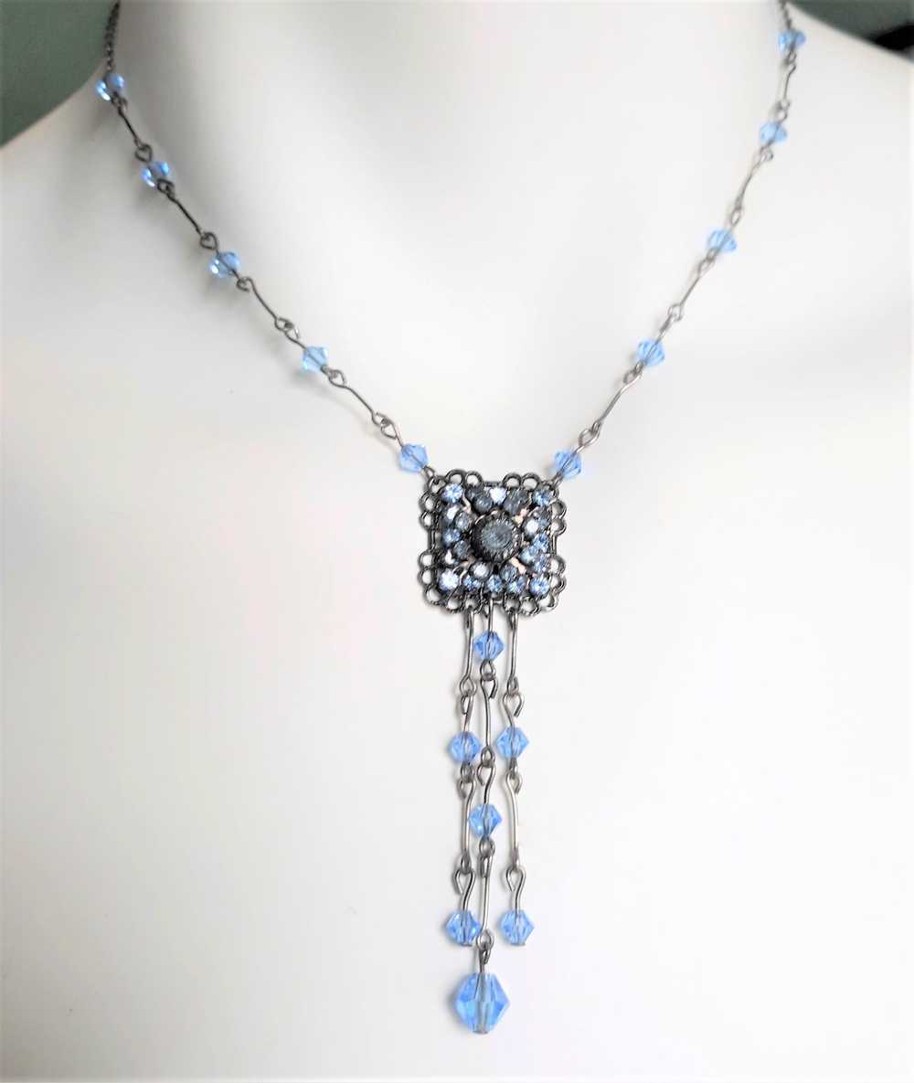Blue and Antique Silvertone Dangle Necklace, Vict… - image 2