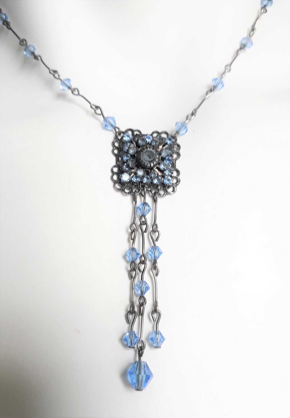 Blue and Antique Silvertone Dangle Necklace, Vict… - image 4