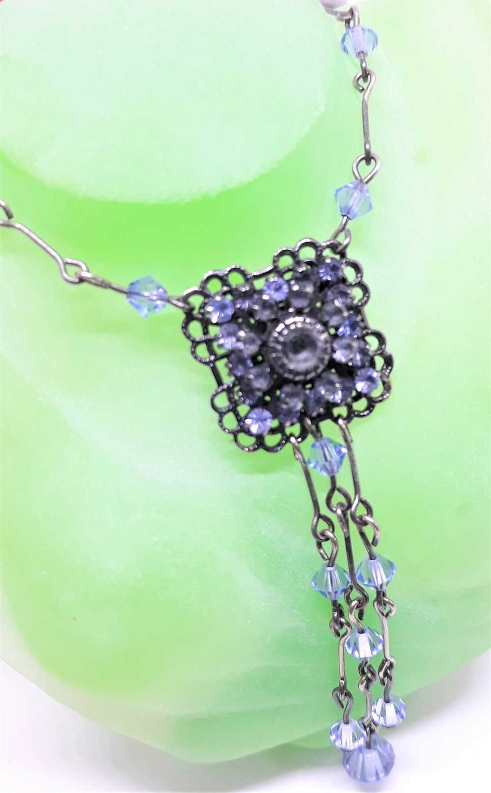 Blue and Antique Silvertone Dangle Necklace, Vict… - image 5