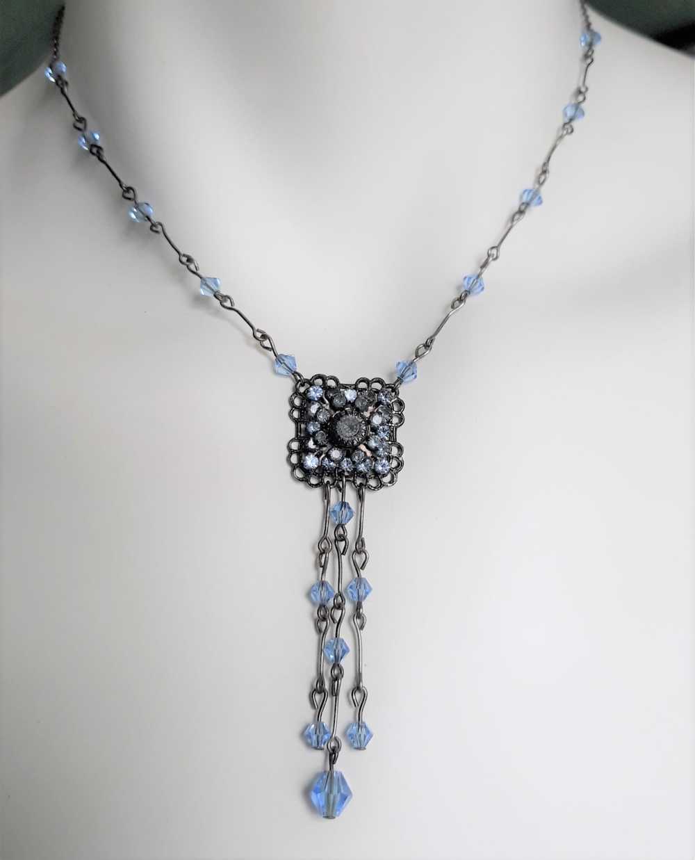 Blue and Antique Silvertone Dangle Necklace, Vict… - image 6