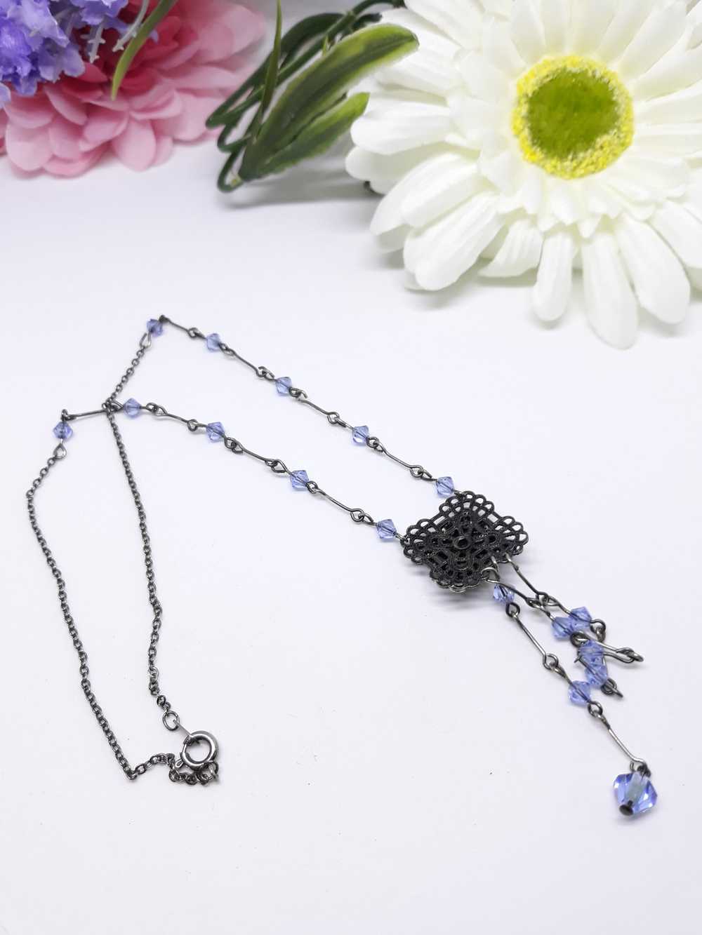 Blue and Antique Silvertone Dangle Necklace, Vict… - image 7