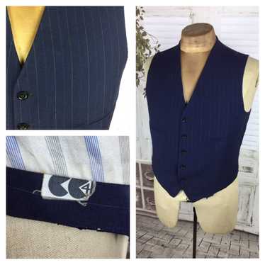 Original 1940s Blue Pin Stripe Waistcoat Vest Wit… - image 1