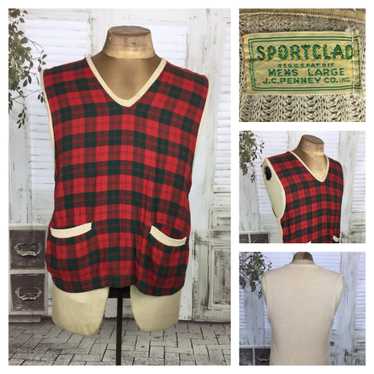Original 1950s 50s Vintage Red Tartan Plaid Vest … - image 1