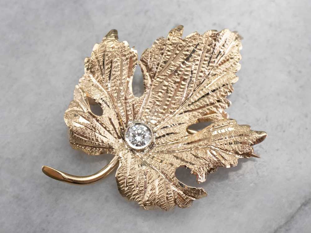 Gold Diamond Grape Leaf Brooch - image 1