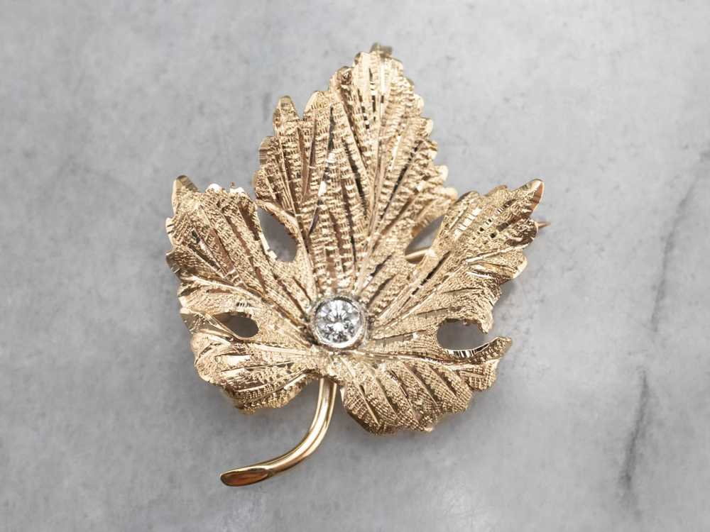 Gold Diamond Grape Leaf Brooch - image 2