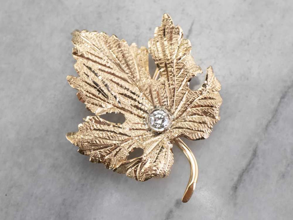 Gold Diamond Grape Leaf Brooch - image 3