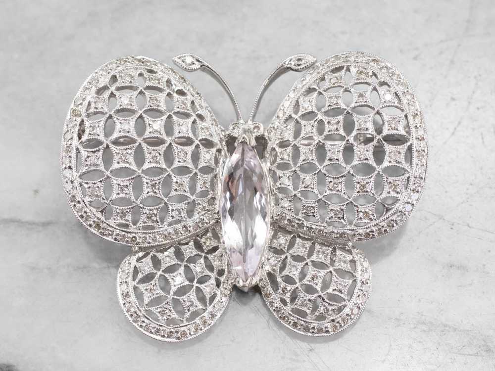 Platinum Morganite Diamond Butterfly Brooch - image 1