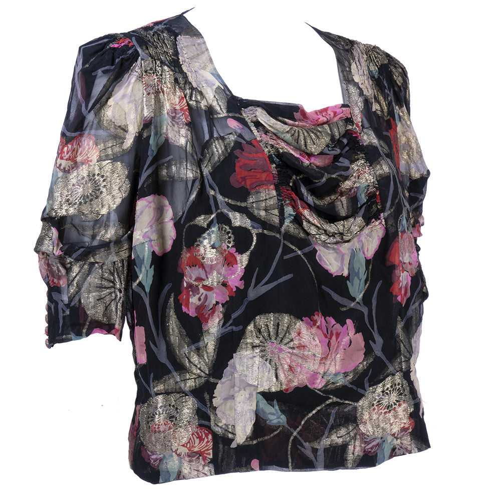 30s Gold Lame Floral Blouse with Draped Neckline - image 2