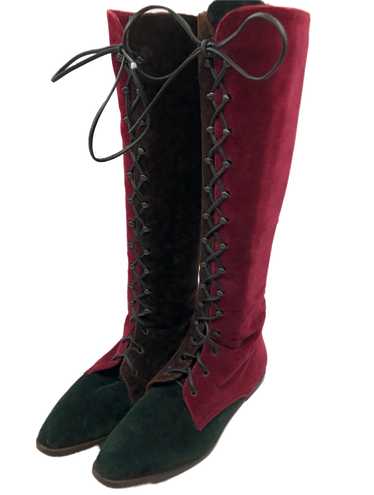 90s Three Tone Lace Up Velvet Boots - image 1