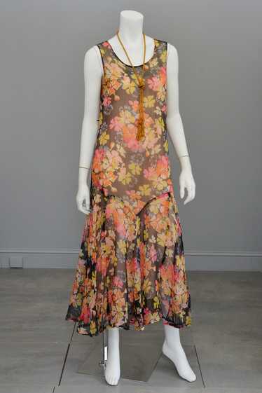 1920s 30s Pink Yellow Floral Print on Charcoal Gr… - image 1
