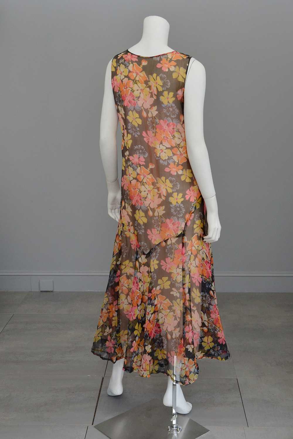 1920s 30s Pink Yellow Floral Print on Charcoal Gr… - image 4