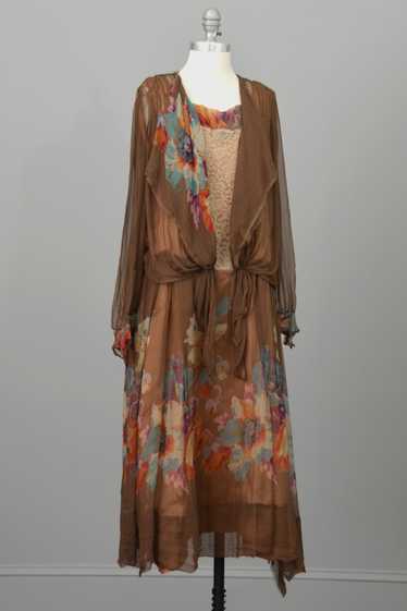 1920s Mocha Chiffon and Lace Vintage Flapper Dress