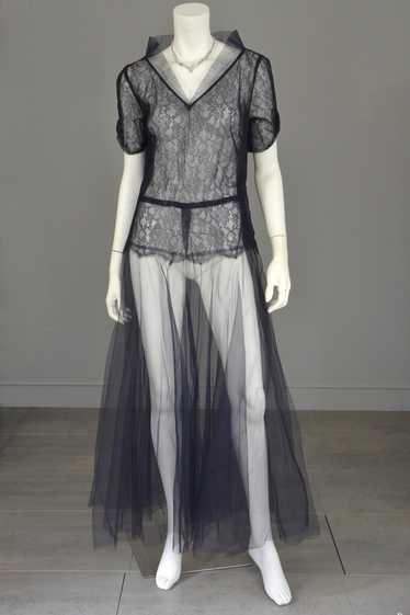 1930s Navy Blue Tulle Lace Vintage Gown - image 1