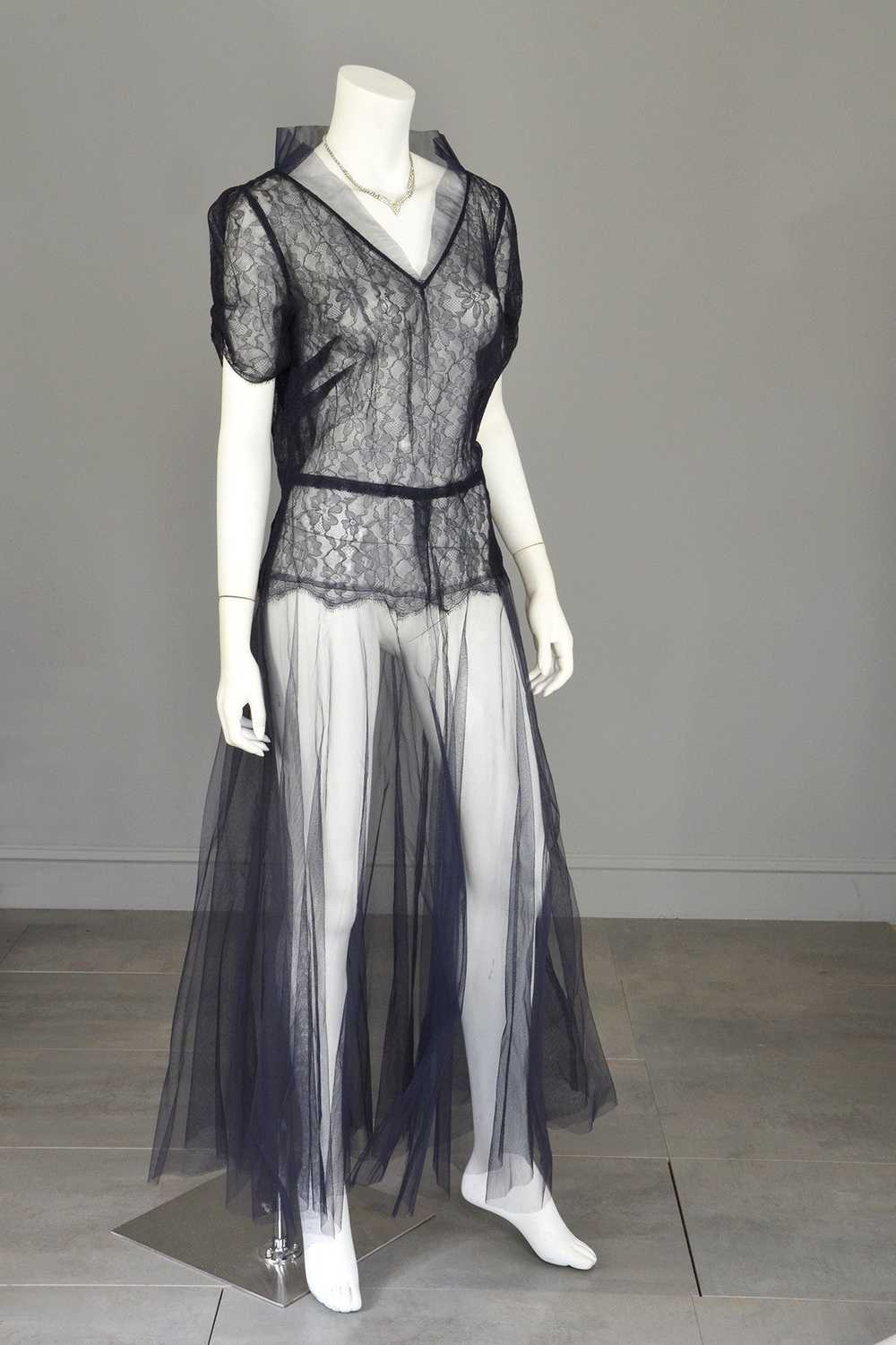 1930s Navy Blue Tulle Lace Vintage Gown - image 2