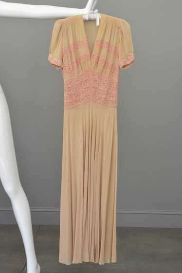 1930s Glamour Gown | Pink Embroidered Lace Ecru Ra