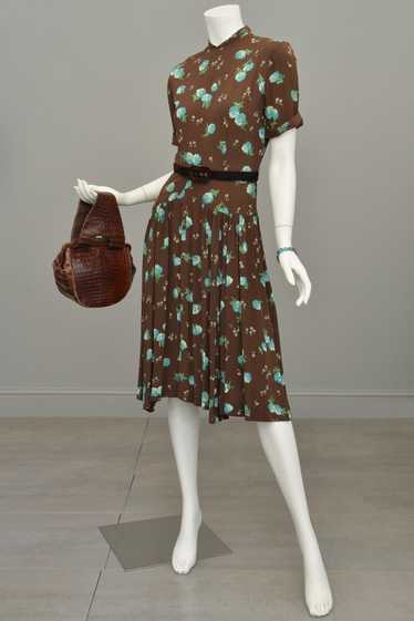 1940s Novelty Print Dress Brown Aqua Floral Print 