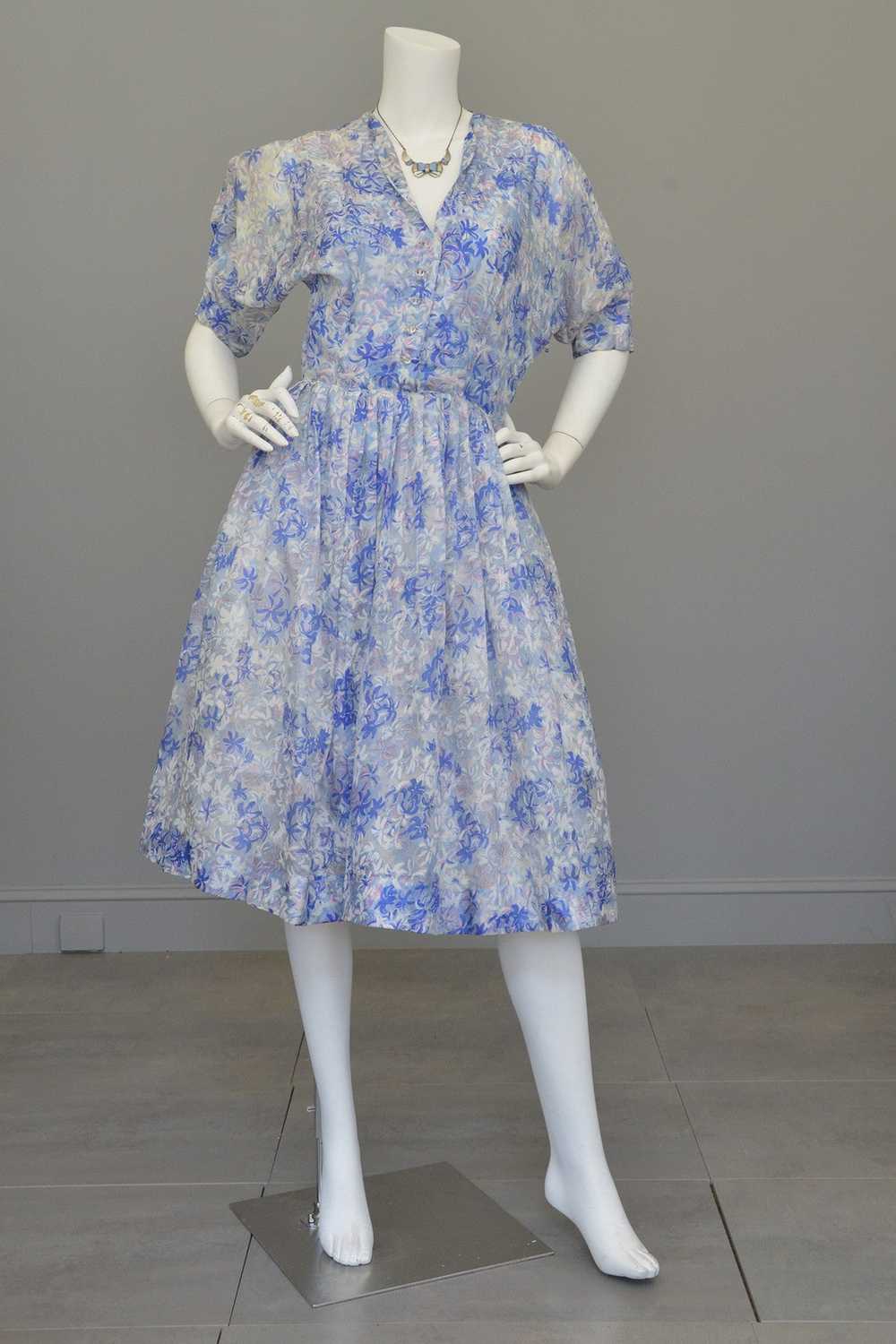 1940s 50s Semi Sheer Petal Print Two Piece Party … - image 1