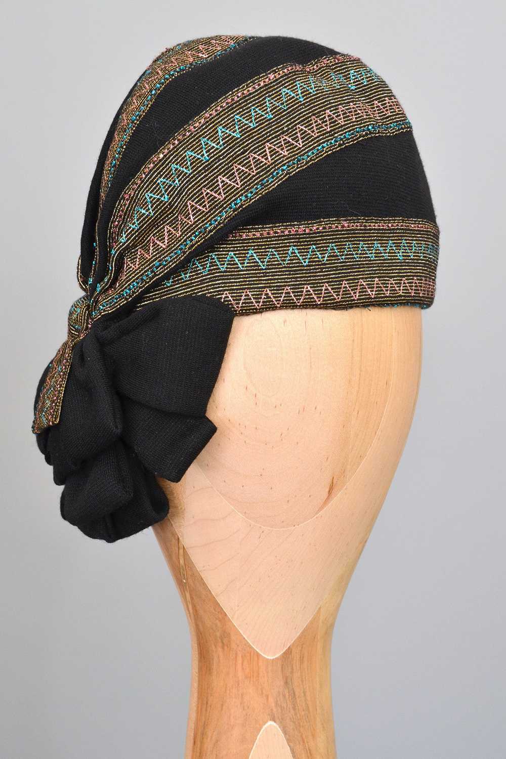 1950s Black Cloche Turban with Blue Pink Gold Met… - image 1