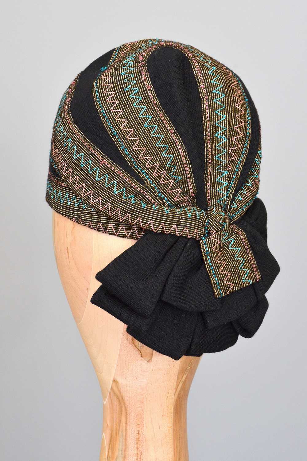 1950s Black Cloche Turban with Blue Pink Gold Met… - image 4