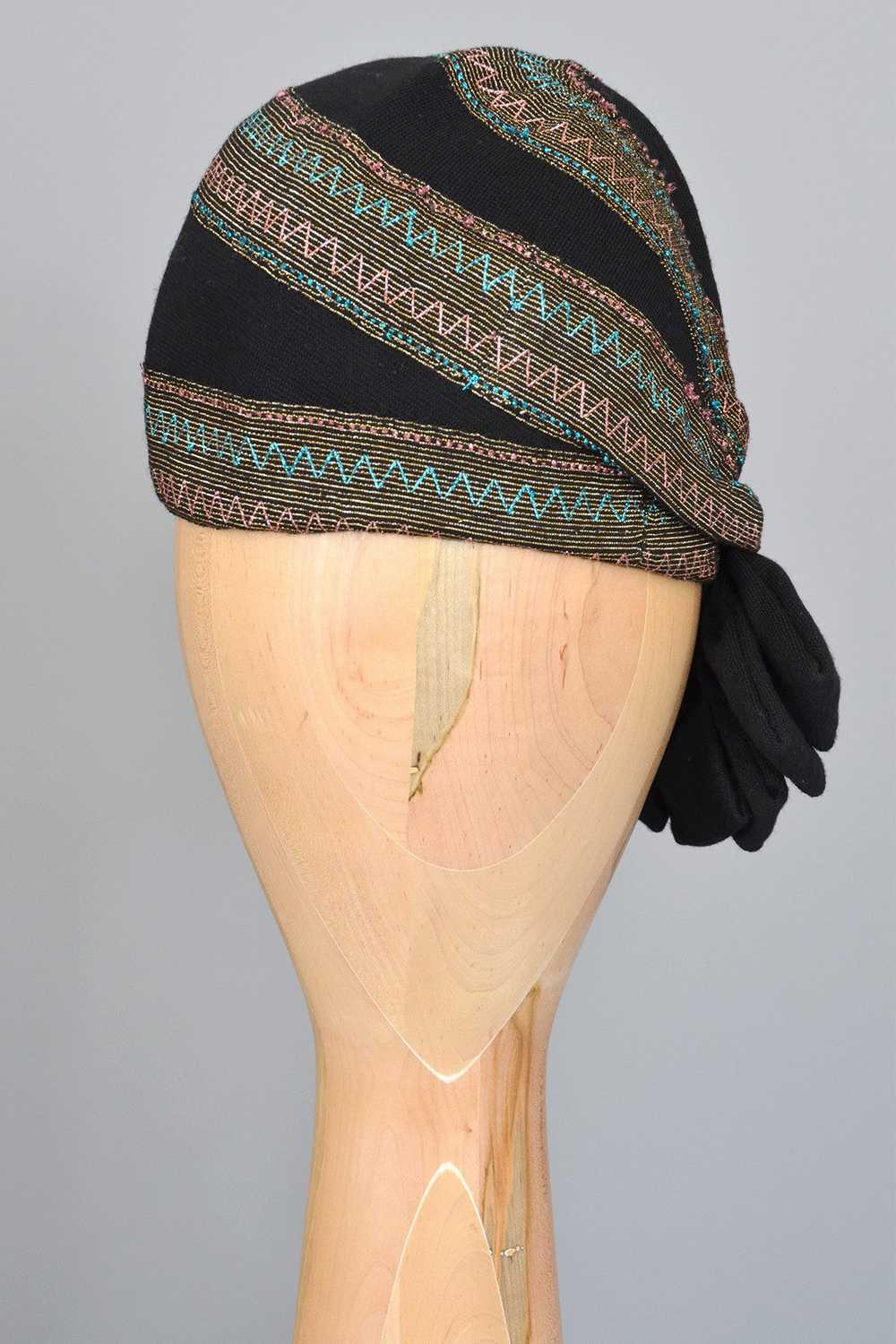 1950s Black Cloche Turban with Blue Pink Gold Met… - image 5