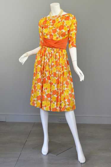 1960s Sunshine Yellow and Orange Retro Flower Prin