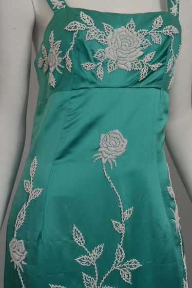 Aqua Silk Sheath Dress with Intricate Seed Bead Fl