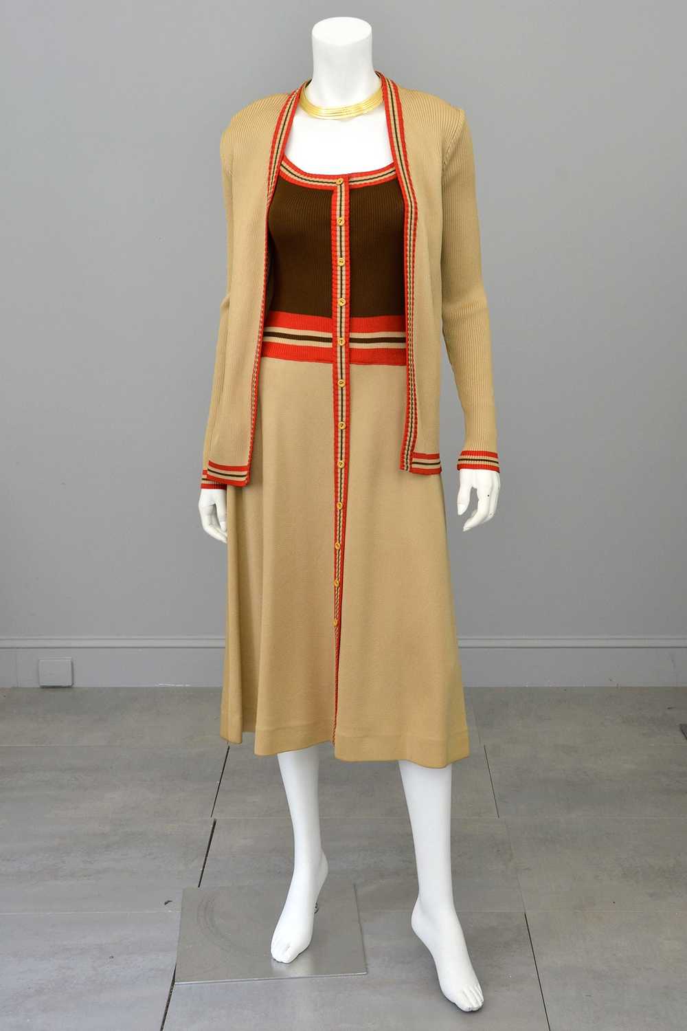 1970s Camel Brown Red Color Block Cardigan Sweater - image 3