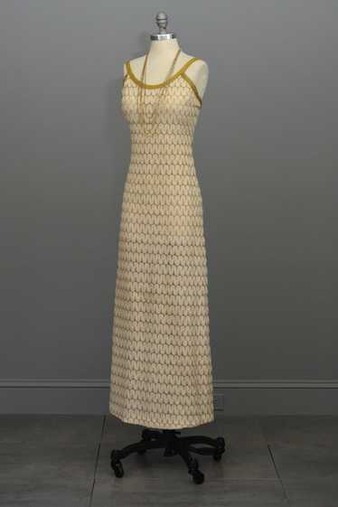 1970s Cream Gold Textured Knit Maxi Dress - image 1