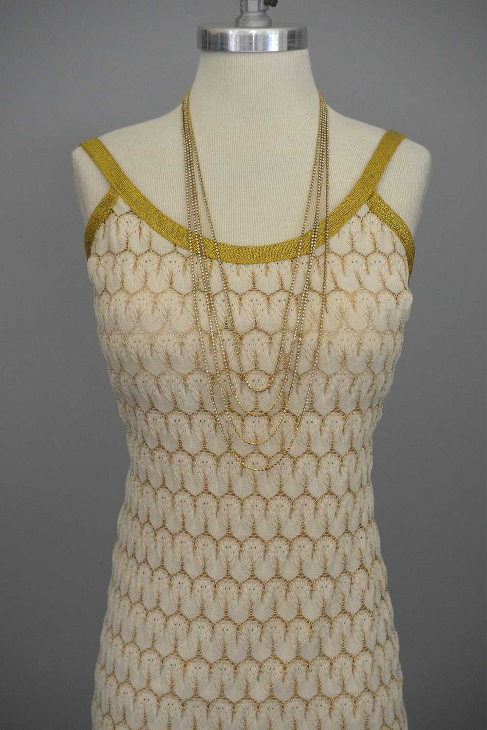 1970s Cream Gold Textured Knit Maxi Dress - image 2