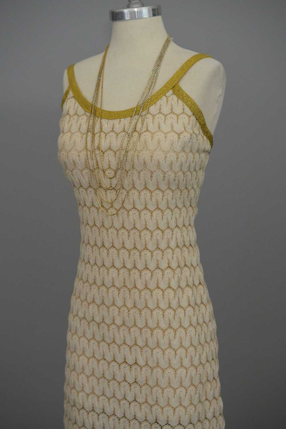 1970s Cream Gold Textured Knit Maxi Dress - image 4