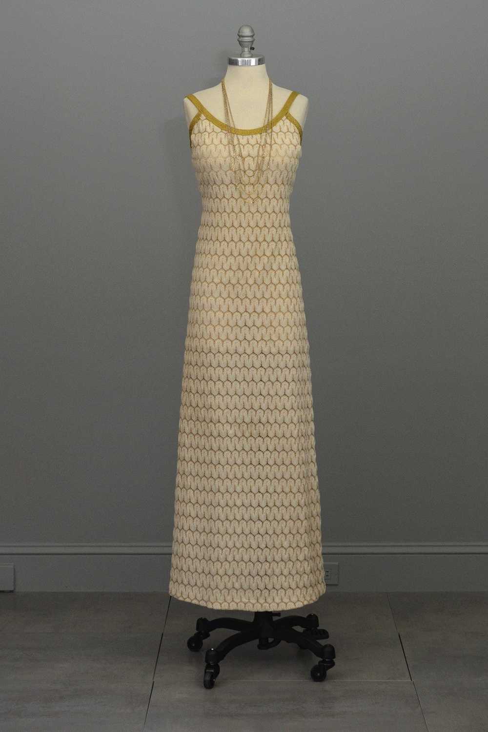 1970s Cream Gold Textured Knit Maxi Dress - image 7