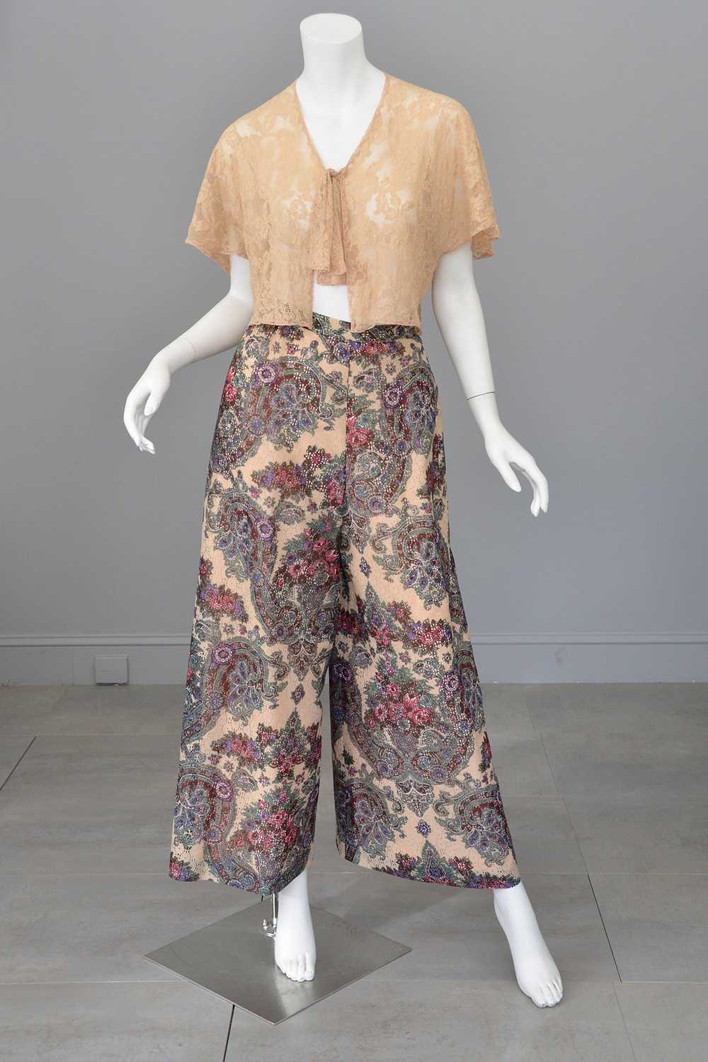 1970s Lacey Floral Print Palazzo Pants - image 6