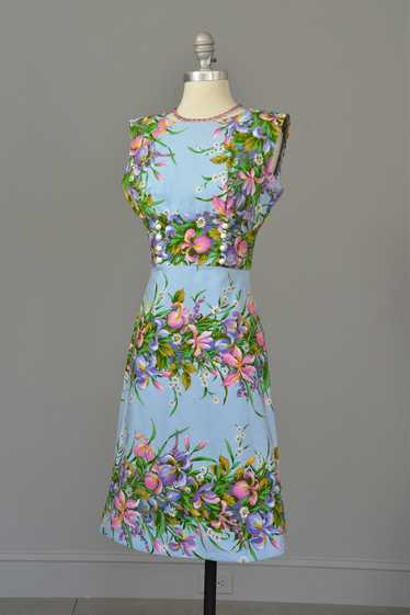 1970s Sky Blue Retro Print Garden Party Dress, Siz