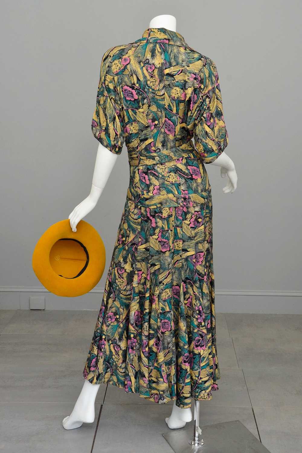 1970s Retro Floral Sketch Art Full Sweep Maxi Dre… - image 3