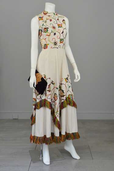 1970s Vintage Yarn Embroidered & Fringe Maxi Dress