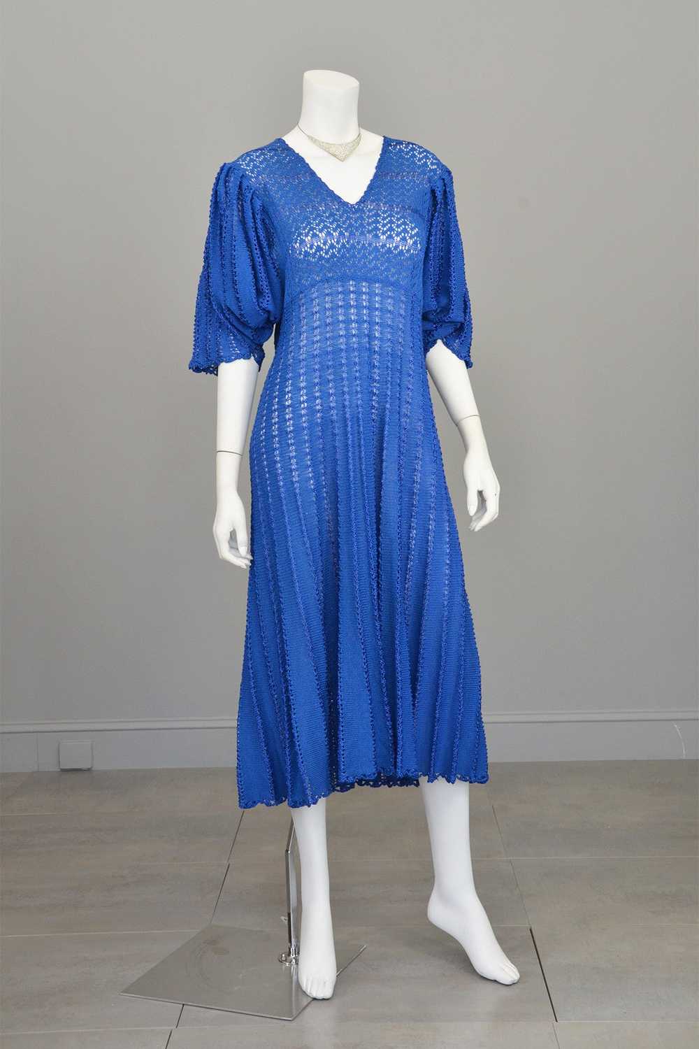 1970s Vibrant Blue Knit Crochet Dress Draping Ang… - image 10