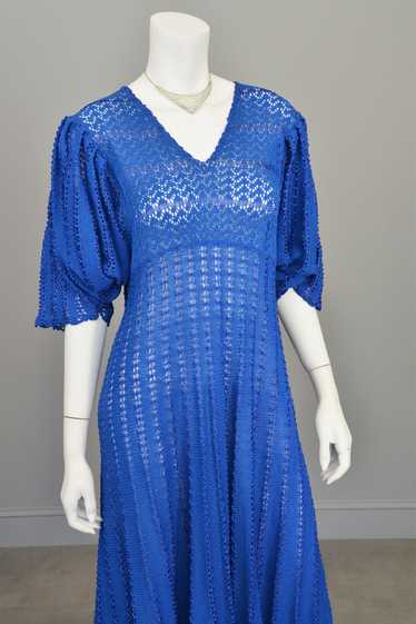 1970s Vibrant Blue Knit Crochet Dress Draping Ang… - image 1