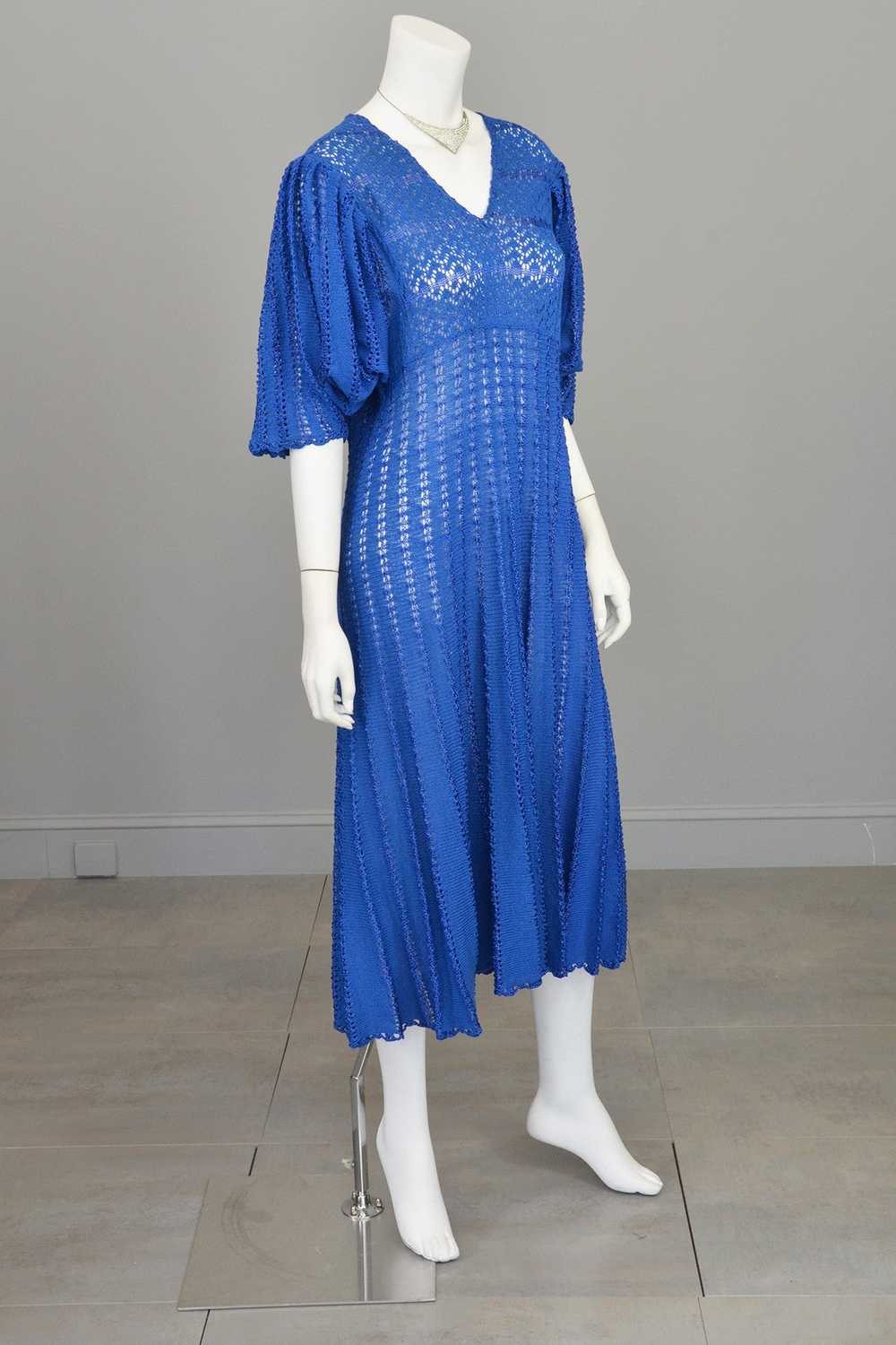 1970s Vibrant Blue Knit Crochet Dress Draping Ang… - image 2