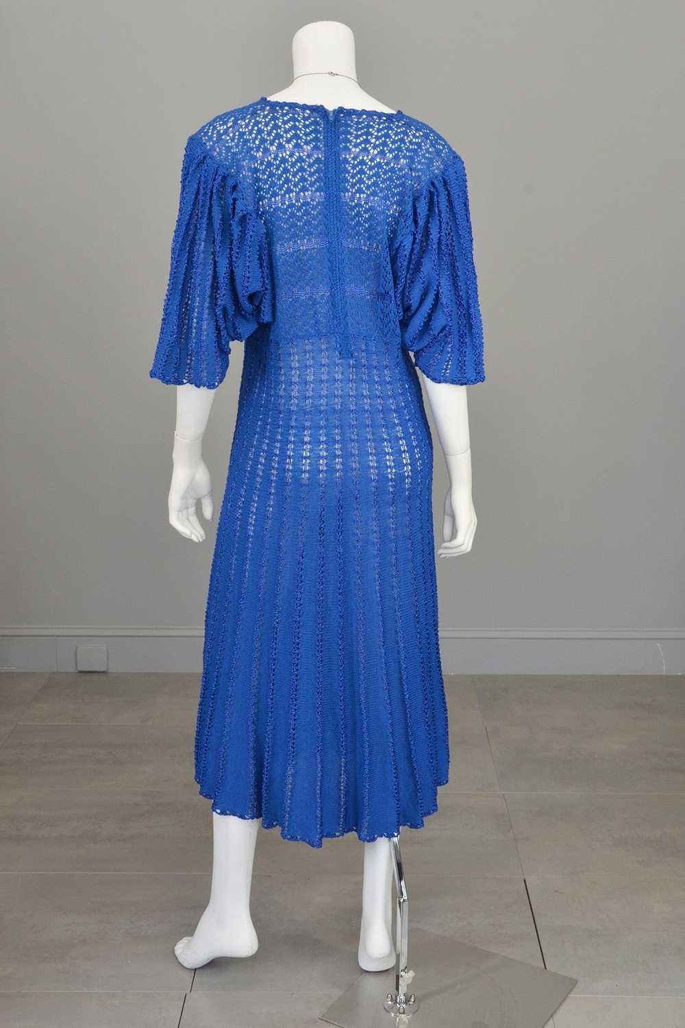 1970s Vibrant Blue Knit Crochet Dress Draping Ang… - image 3