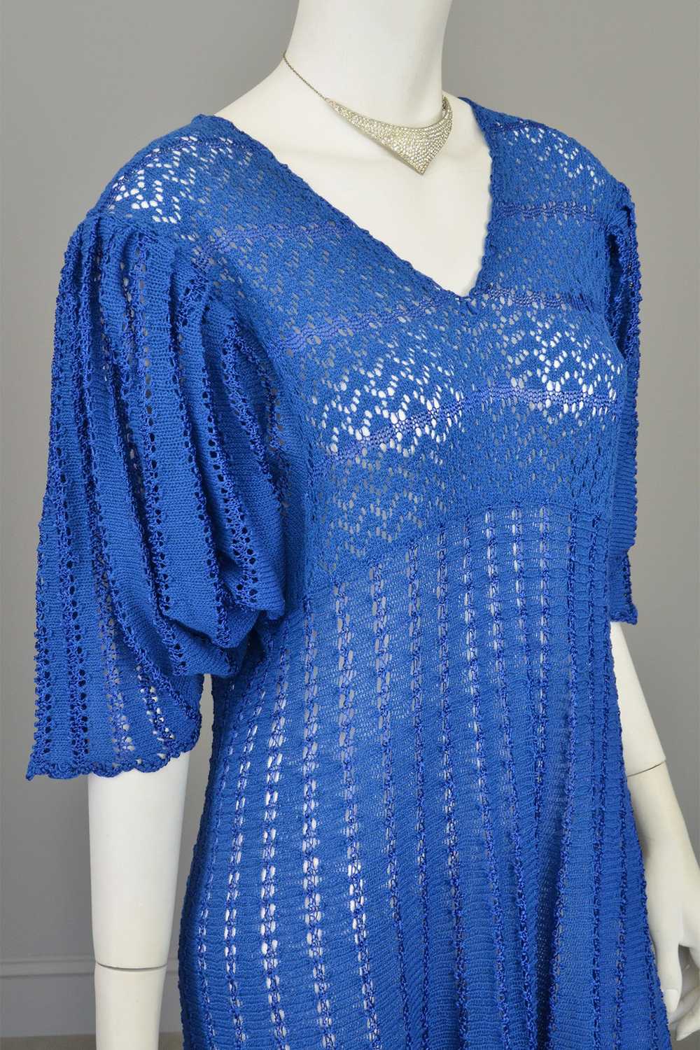1970s Vibrant Blue Knit Crochet Dress Draping Ang… - image 5
