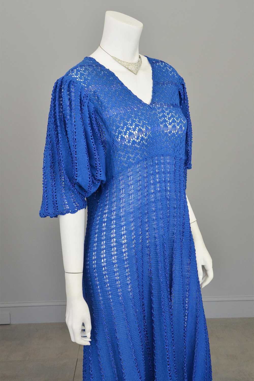 1970s Vibrant Blue Knit Crochet Dress Draping Ang… - image 6