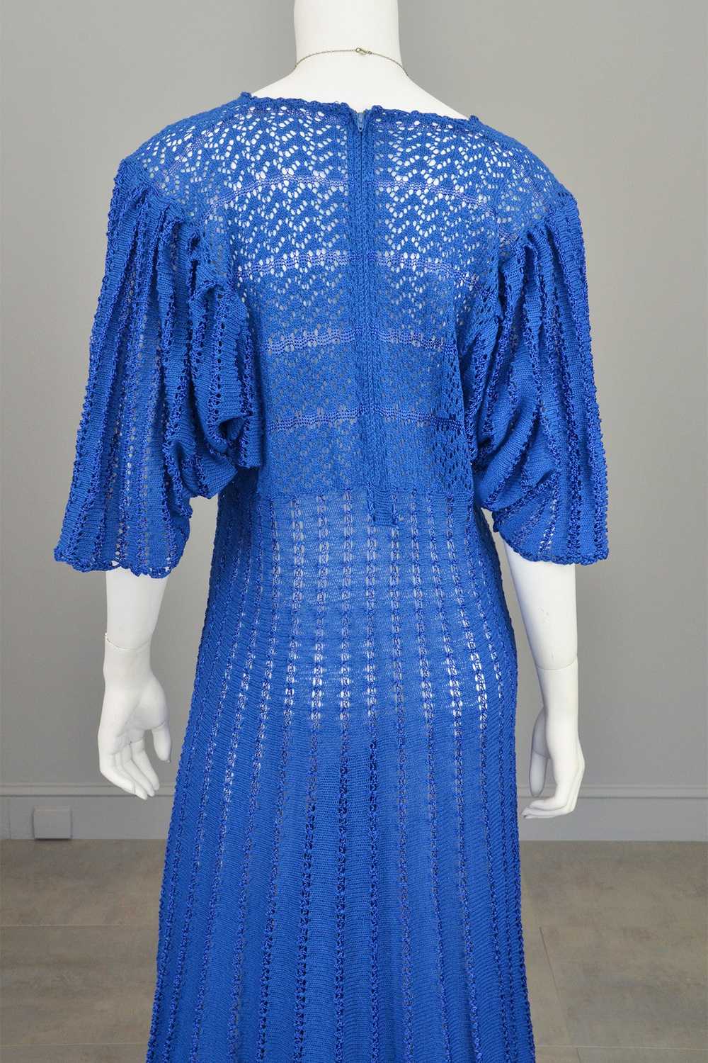 1970s Vibrant Blue Knit Crochet Dress Draping Ang… - image 7
